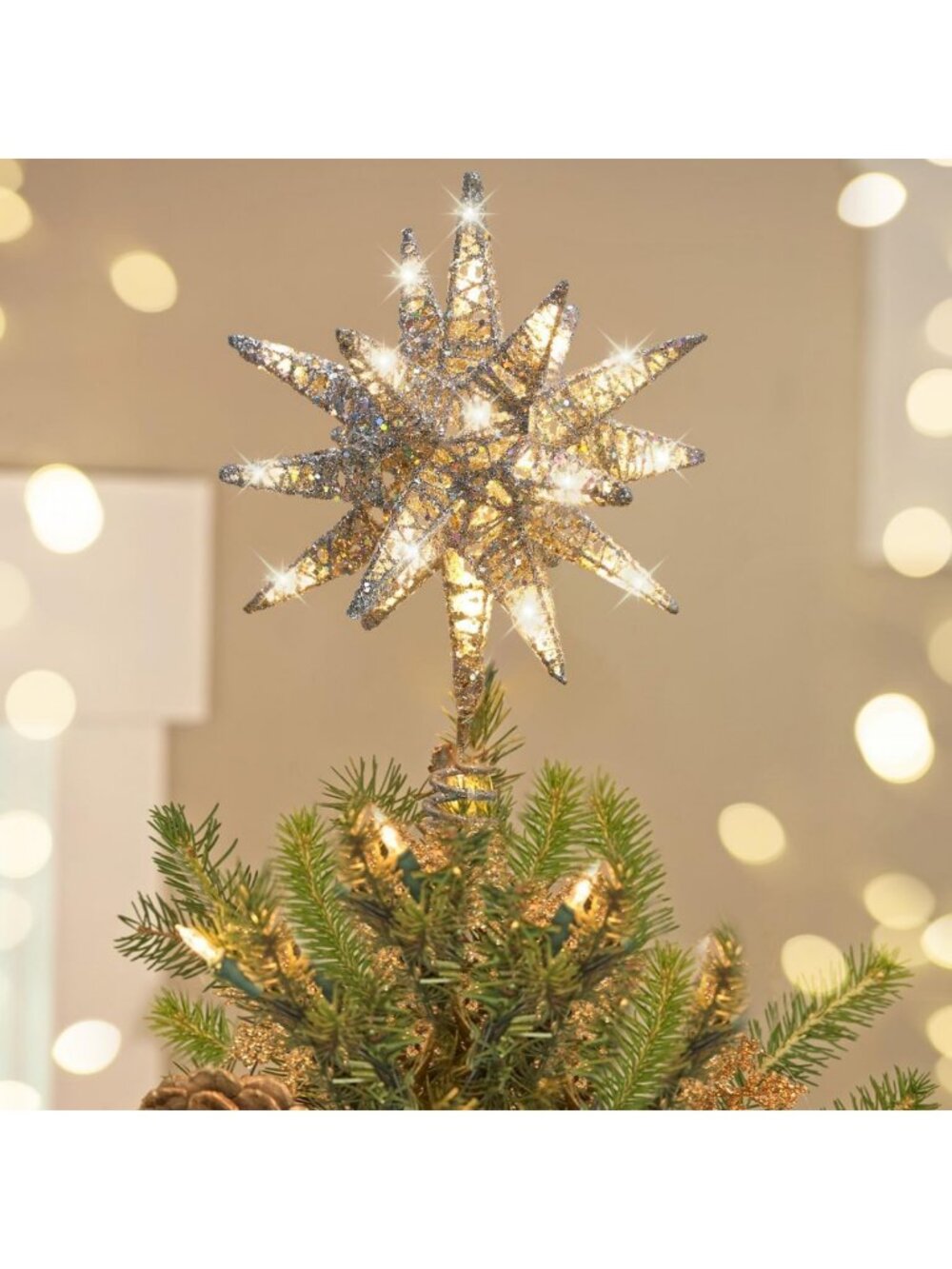 11" Lighted 3D Starburst Christmas Tree Topper - Silver Holiday Decor